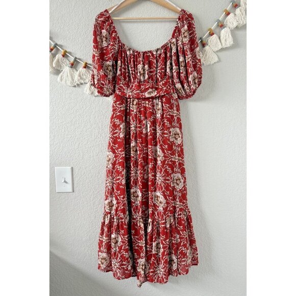 Lulus Rust Red Floral Back Bow Tie Puff Sleeve Midi Dress Party Fairy Wedding S - Picture 1 of 12
